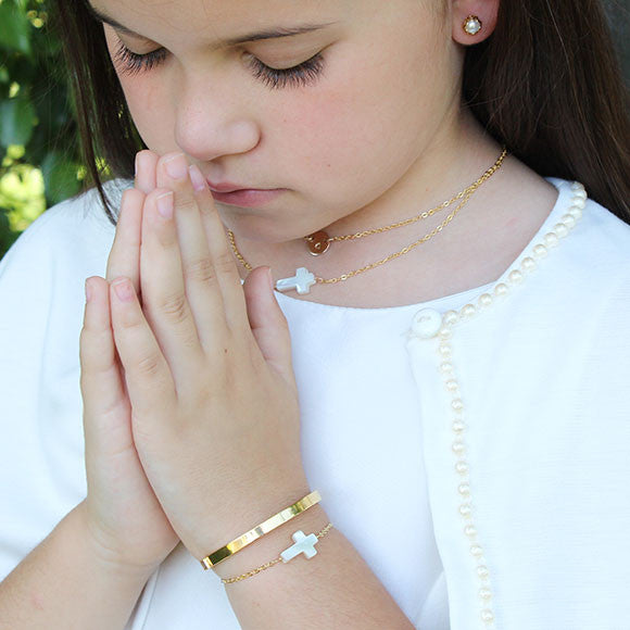 taudrey kids girls blessed bracelet pearl cross communion