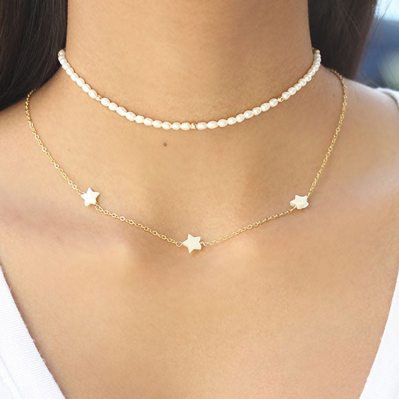 taudrey lucky stars necklace gold chain three pearl stars