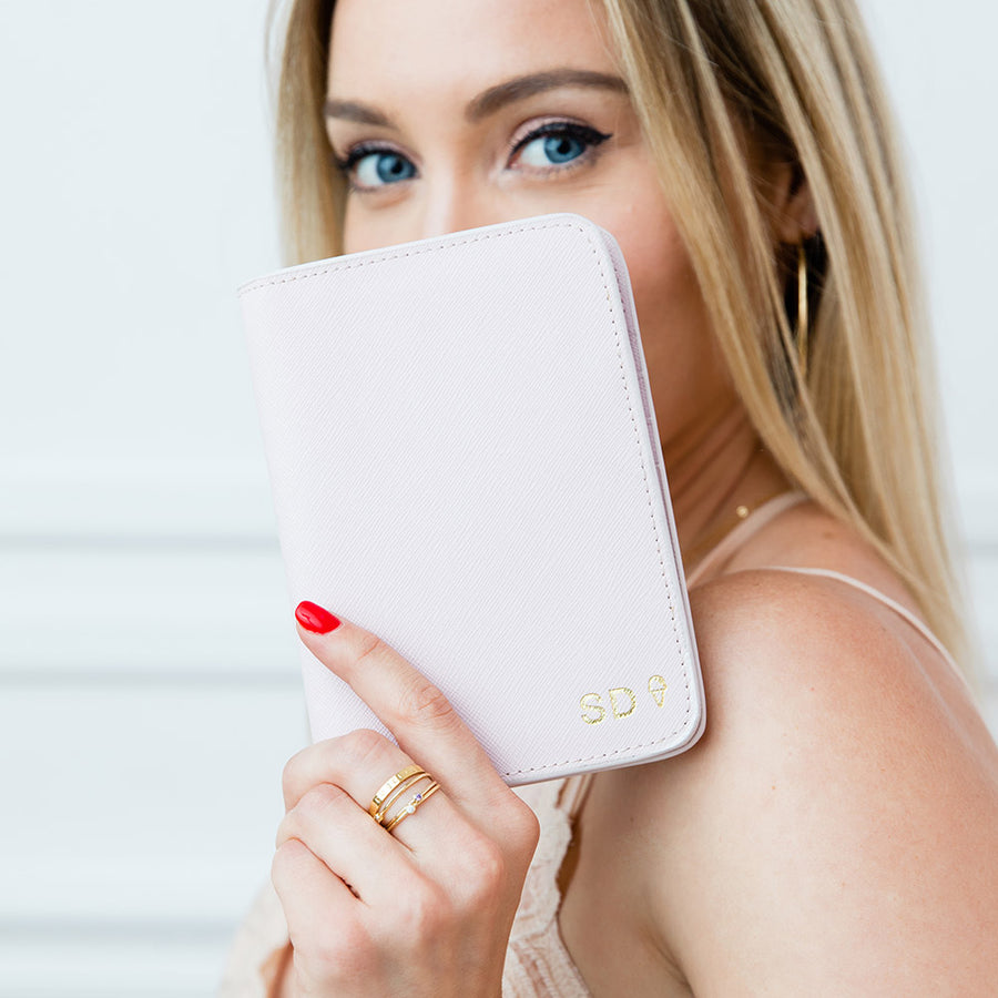 taudrey out of office saffiano cross hatch leather embossed personalized passport holder millennial pink blush navy black