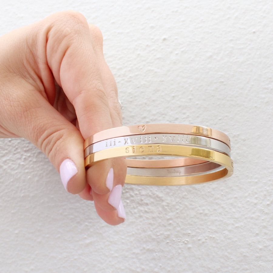 taudrey personalized three tone bangle set gold rose gold silver stack
