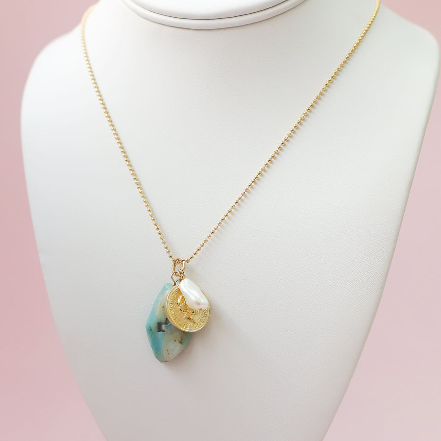 #36 Sample Long necklace with turquoise, gold coin and pearl