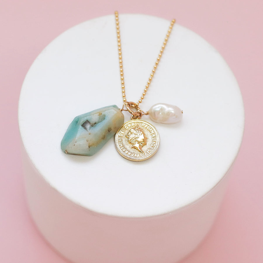 #36 Sample Long necklace with turquoise, gold coin and pearl