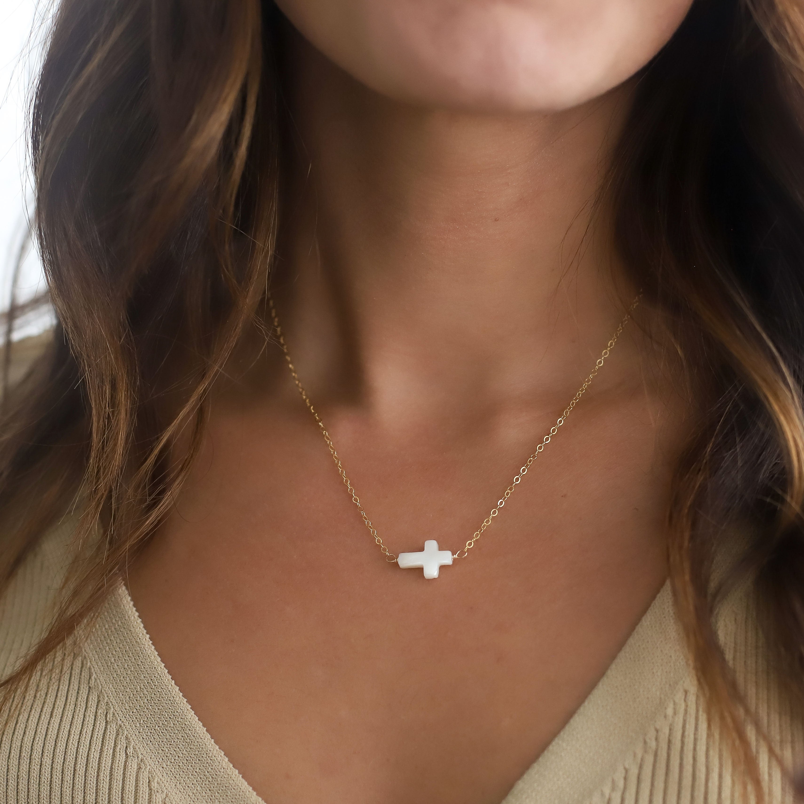 Blessed Necklace Gold Chain with Ivory Star Shaped Cross Detail taudrey