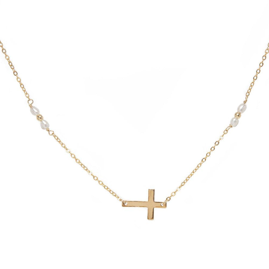 taudrey full of faith necklace gold cross detail pearl and gold bead accents 