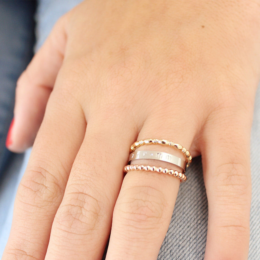 taudrey ring stack in the mix mixed metals gold rose gold silver personalized band