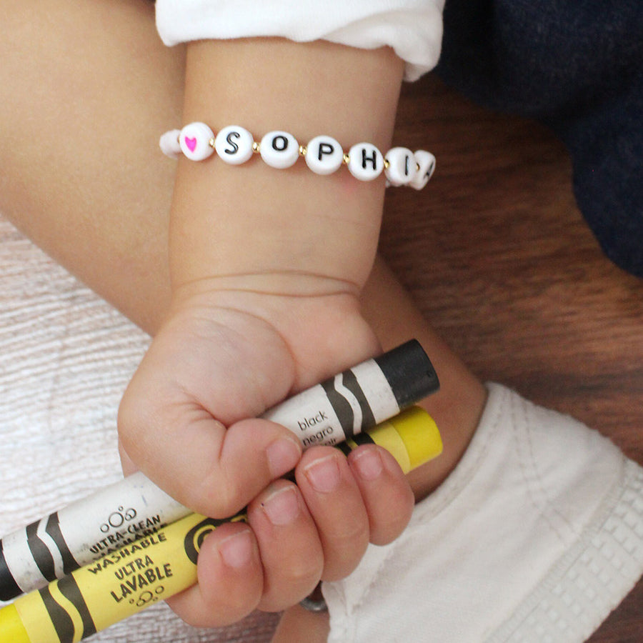 Kids Heart to Heart Bracelet: Personalized Letter Block Bracelet Cream / Hot Pink / 6-12