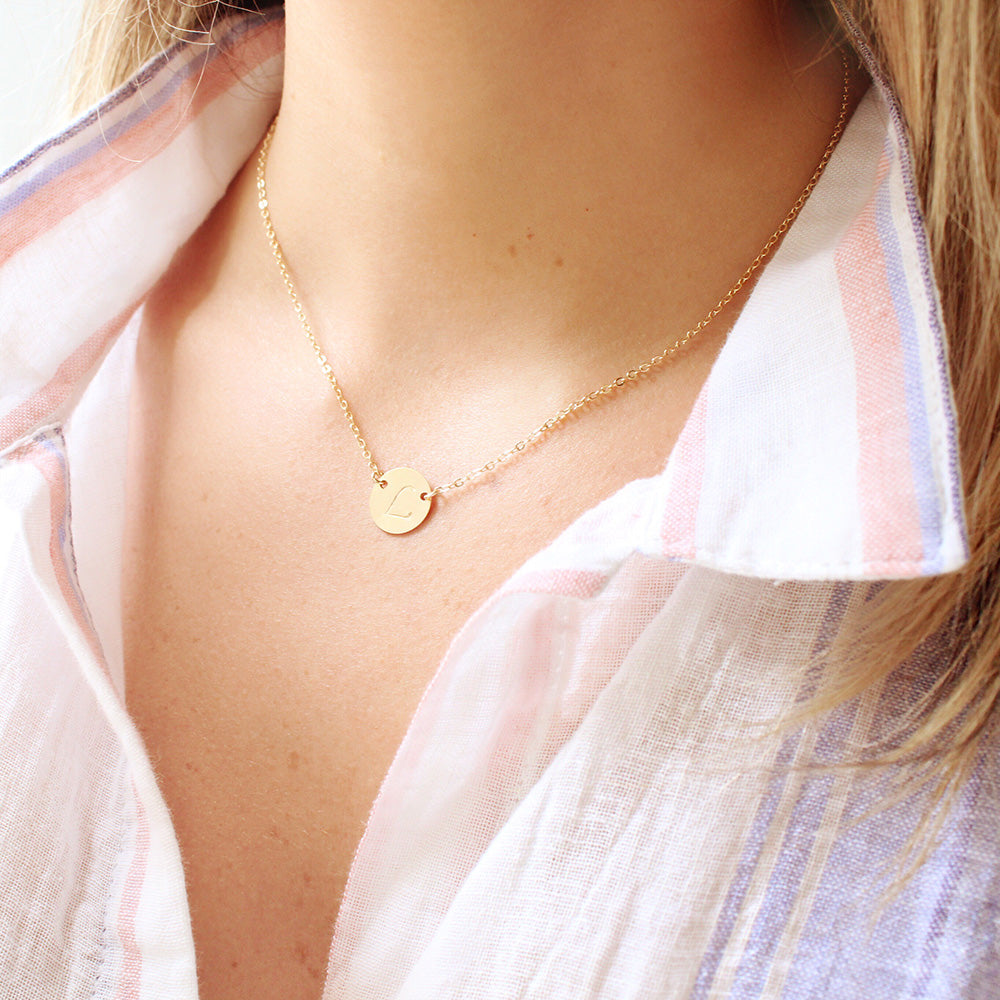 taudrey gold mini coin initial necklace gold personalized charm hand stamped with initial budget friendly layering 