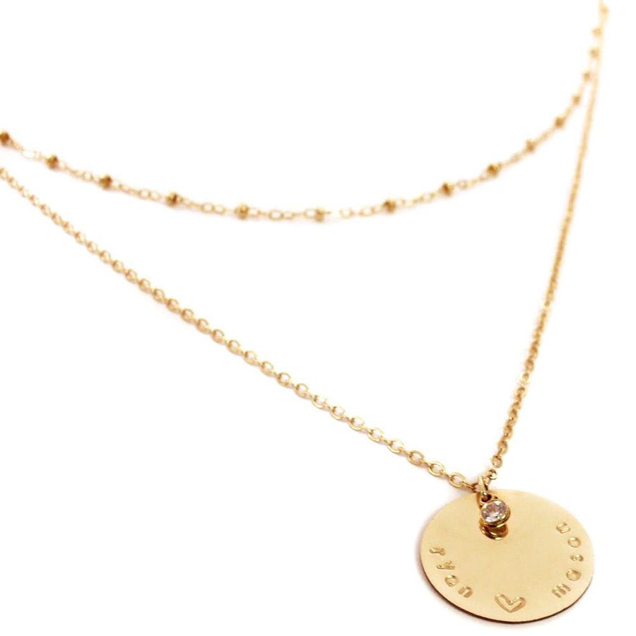tenley molzahn leopold the bachelor taudrey jewelry collaboration shine collection gold double layered necklace detailed chain personalized coin charm